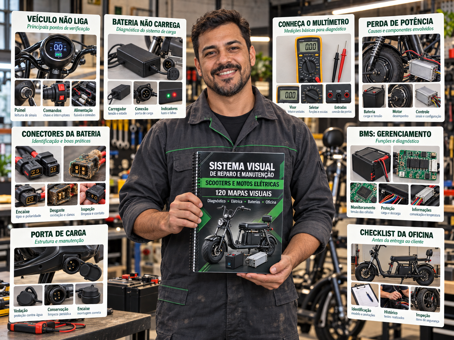 Mecânico em oficina segurando o Sistema Visual de Reparo e Manutenção de Scooters e Motos Elétricas